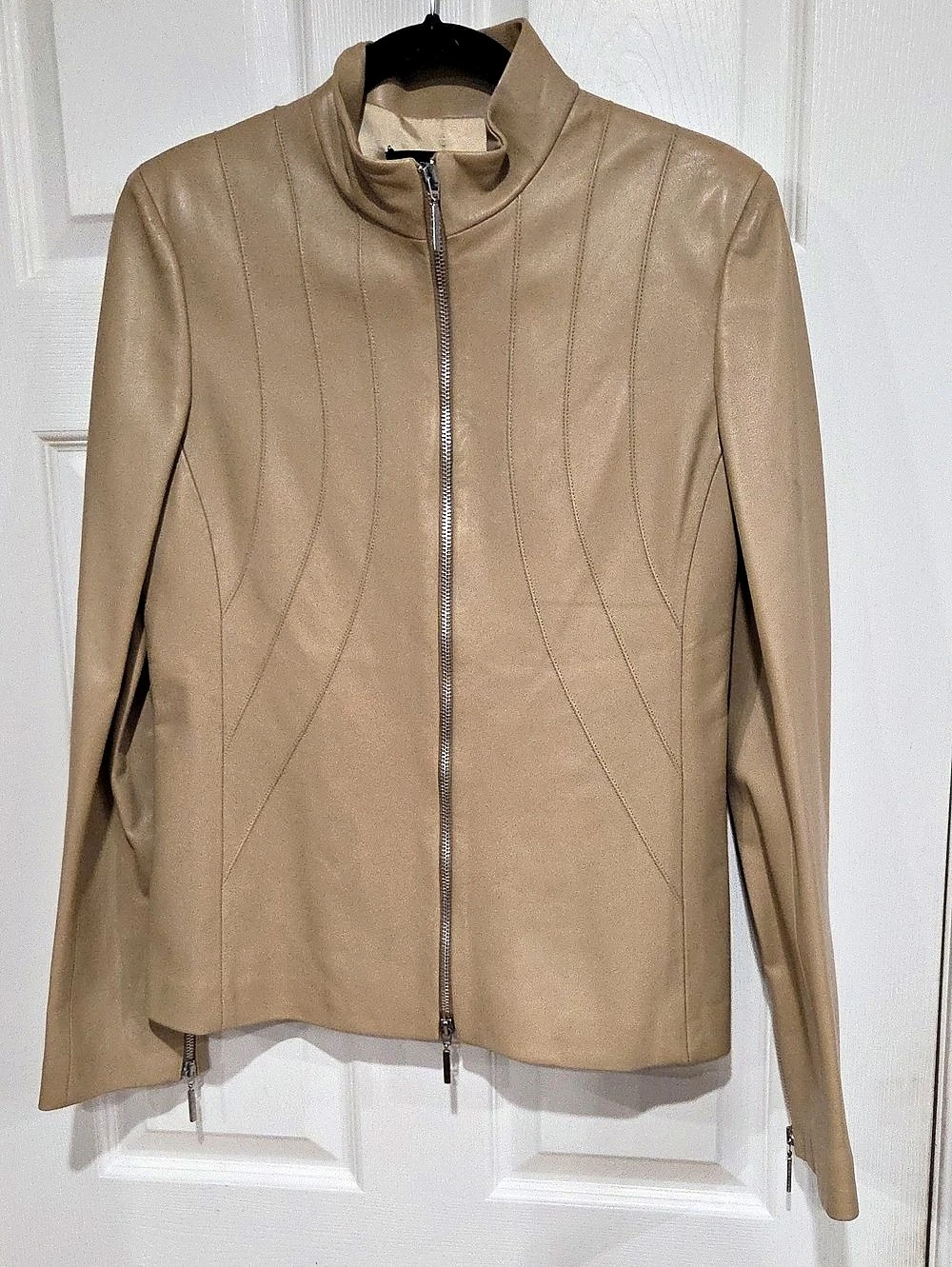 Adrienne Vittadini Italian Leather Zip Jacket in Taupe Beige Size S